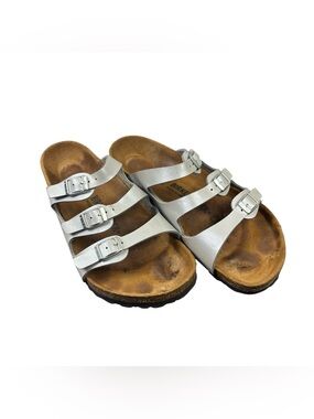 Birkenstock Florida Birko-Flor Silver Triple Buckle Metallic Sandals 39 L8 M6